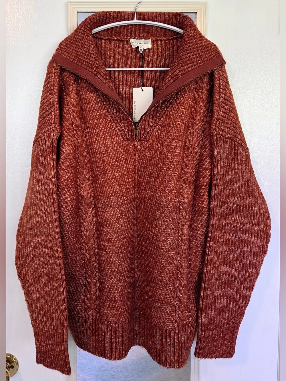 NWT Skies Are Blue Curvy Plus Size 1x Half-Zip Cable Knit Sweater - Rust